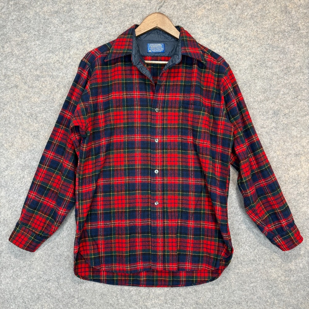 Vintage Pendleton 100% Wool Flannel Mens Large Tartan Plaid Festive Holiday 70s